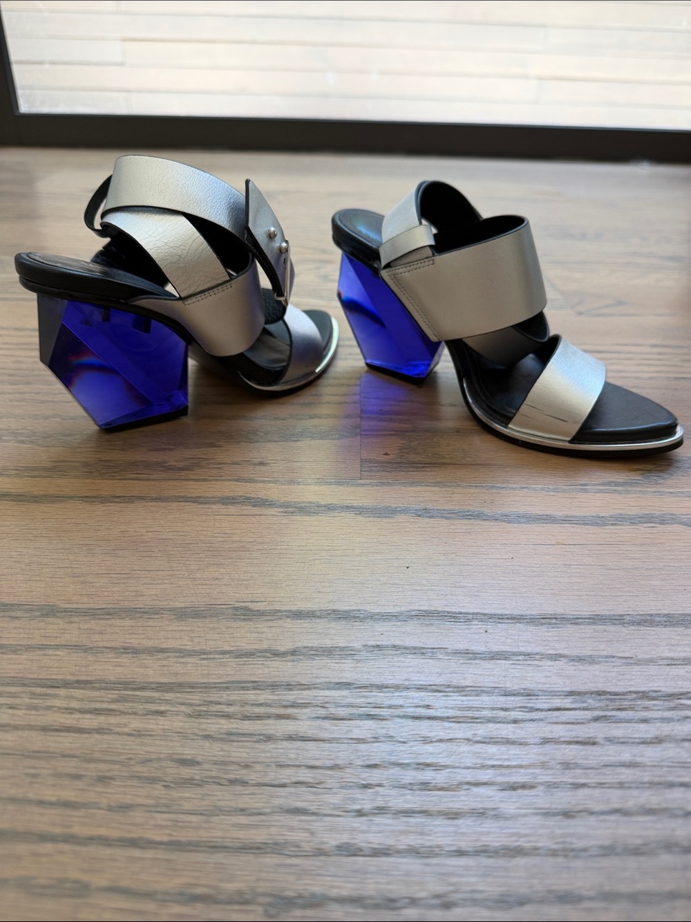 United Nude Silver Sandals with Blue Faceted Block Heels